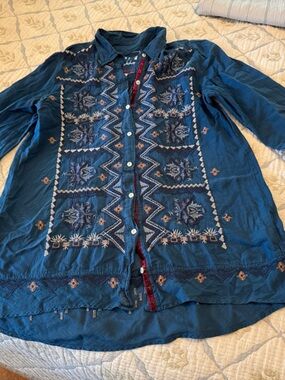 Johnny Was Blue Embroidered Button-Front Tunic